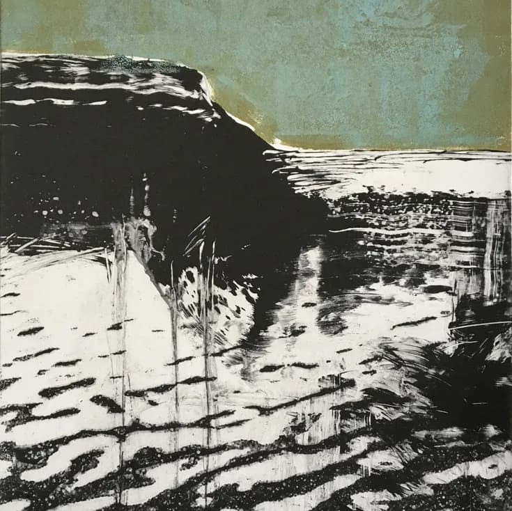 Abstracted landscape with layered cliffs and eroded terrain rendered in black-and-white printmaking.