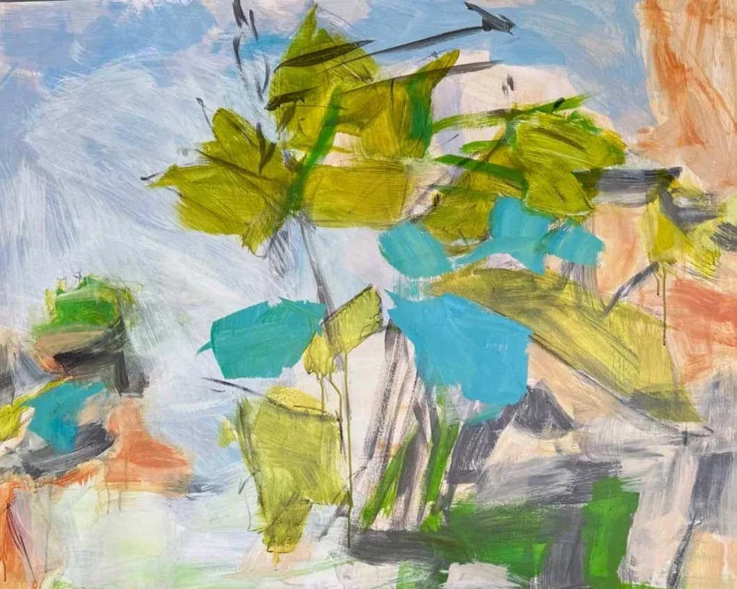 Abstract acrylic painting of flowering vine with turquoise blooms and chartreuse leaves.