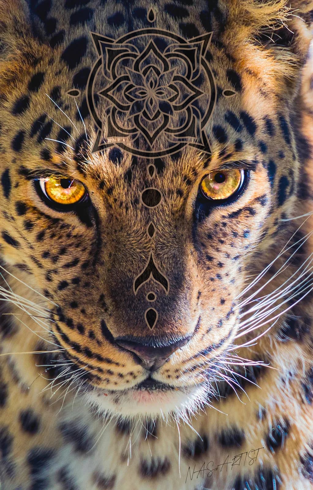 Close-up portrait of a leopard with golden eyes and an ornate mandala marked across its forehead, rendered in photorealistic digital painting.