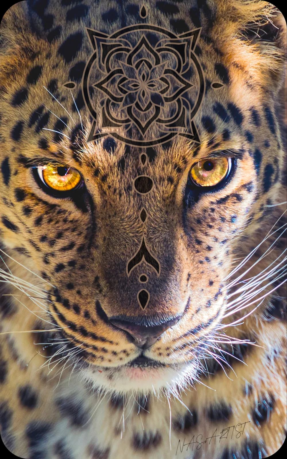 A photorealistic leopard with intense golden eyes gazes forward, adorned with intricate geometric mandala markings on its forehead.