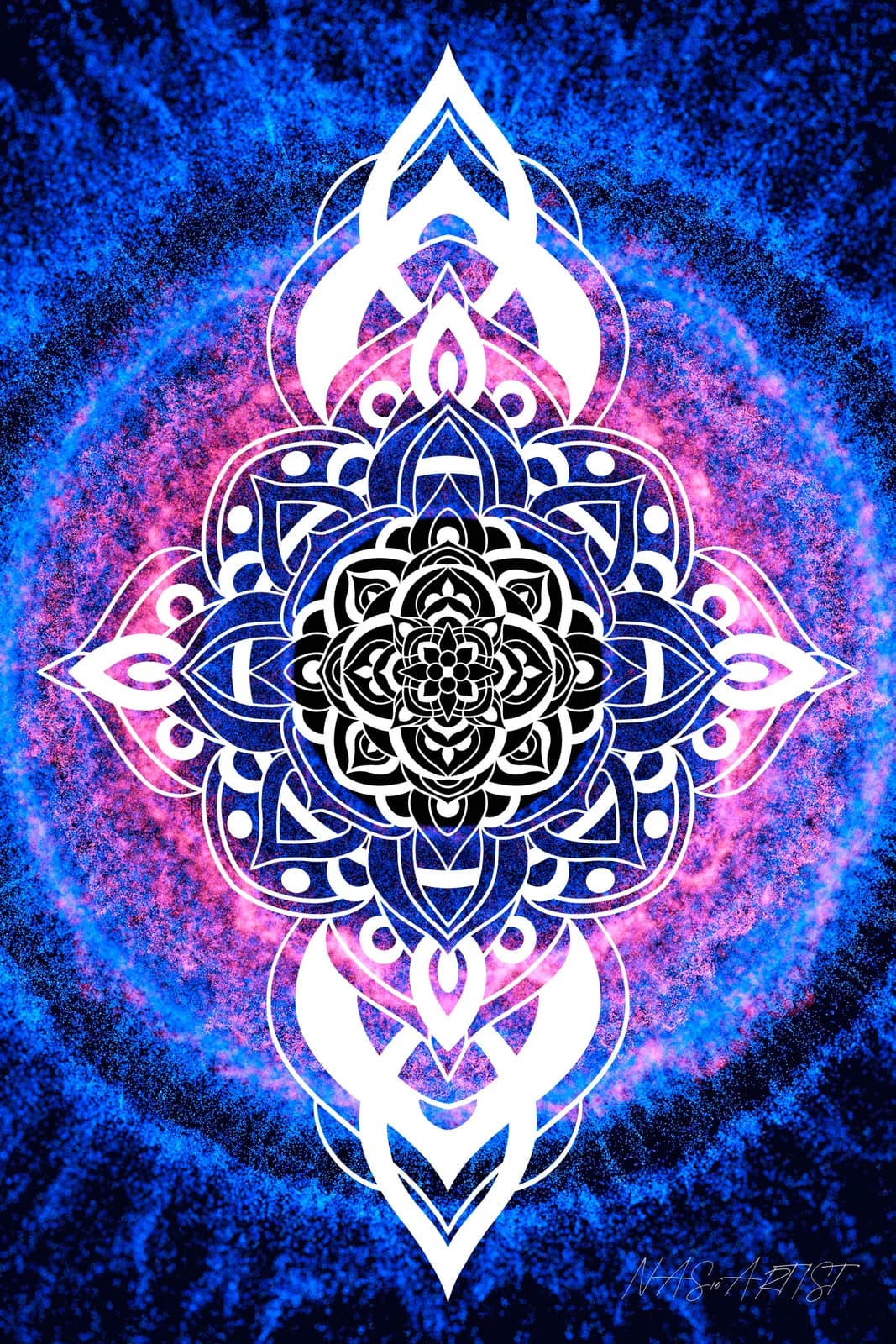 Luminous geometric mandala with symmetrical patterns in blue, pink, and white digital composition.