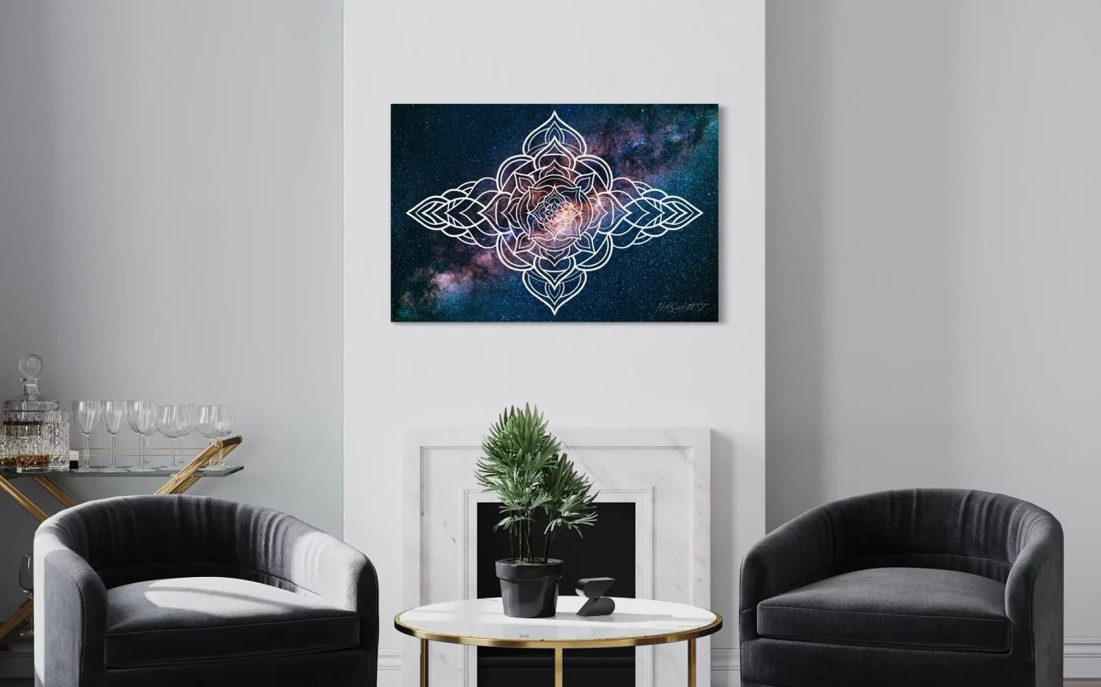 Geometric mandala overlaid on a starfield cosmos in digital media.