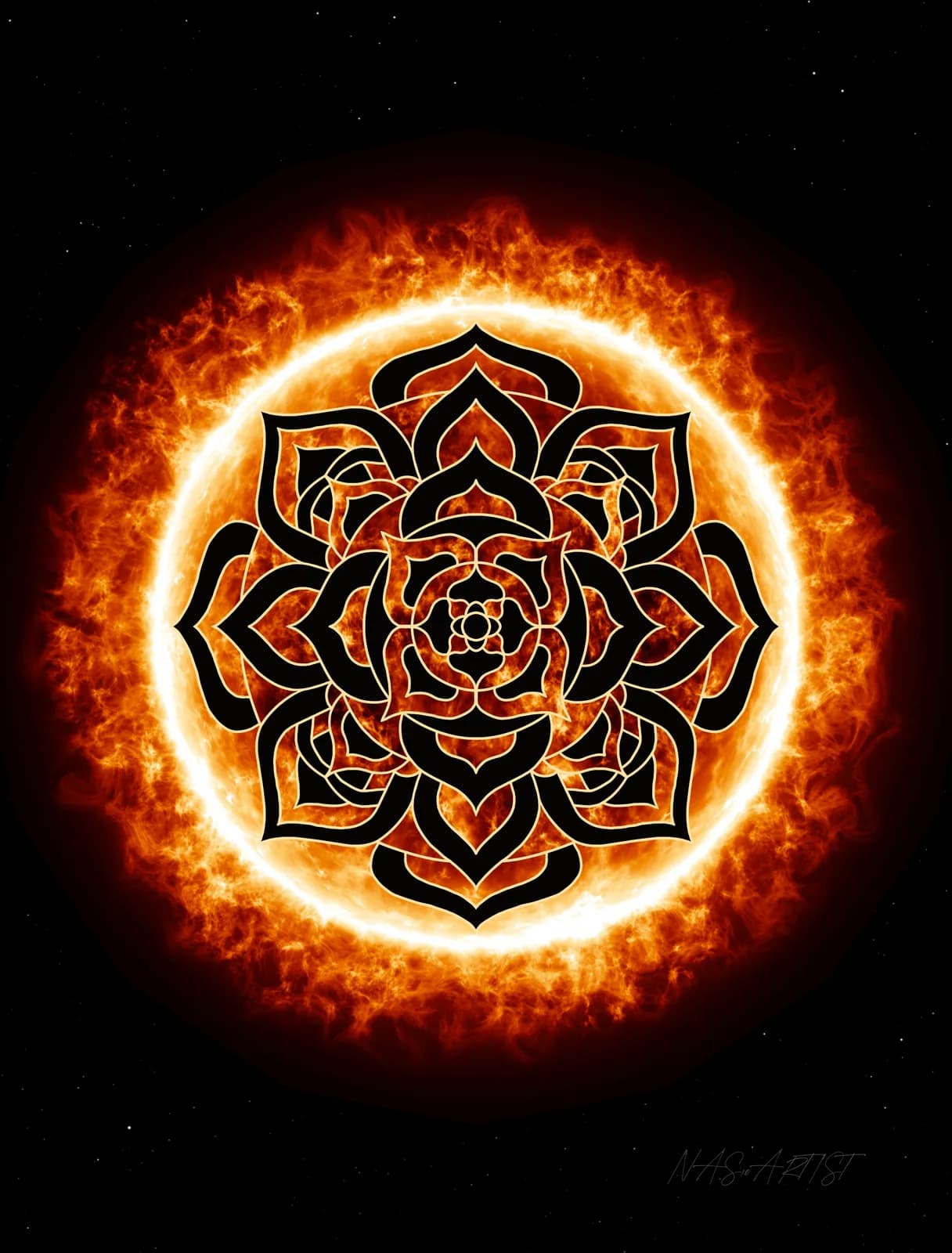 Radiant geometric mandala with concentric symmetrical patterns, haloed in fiery orange light against black.