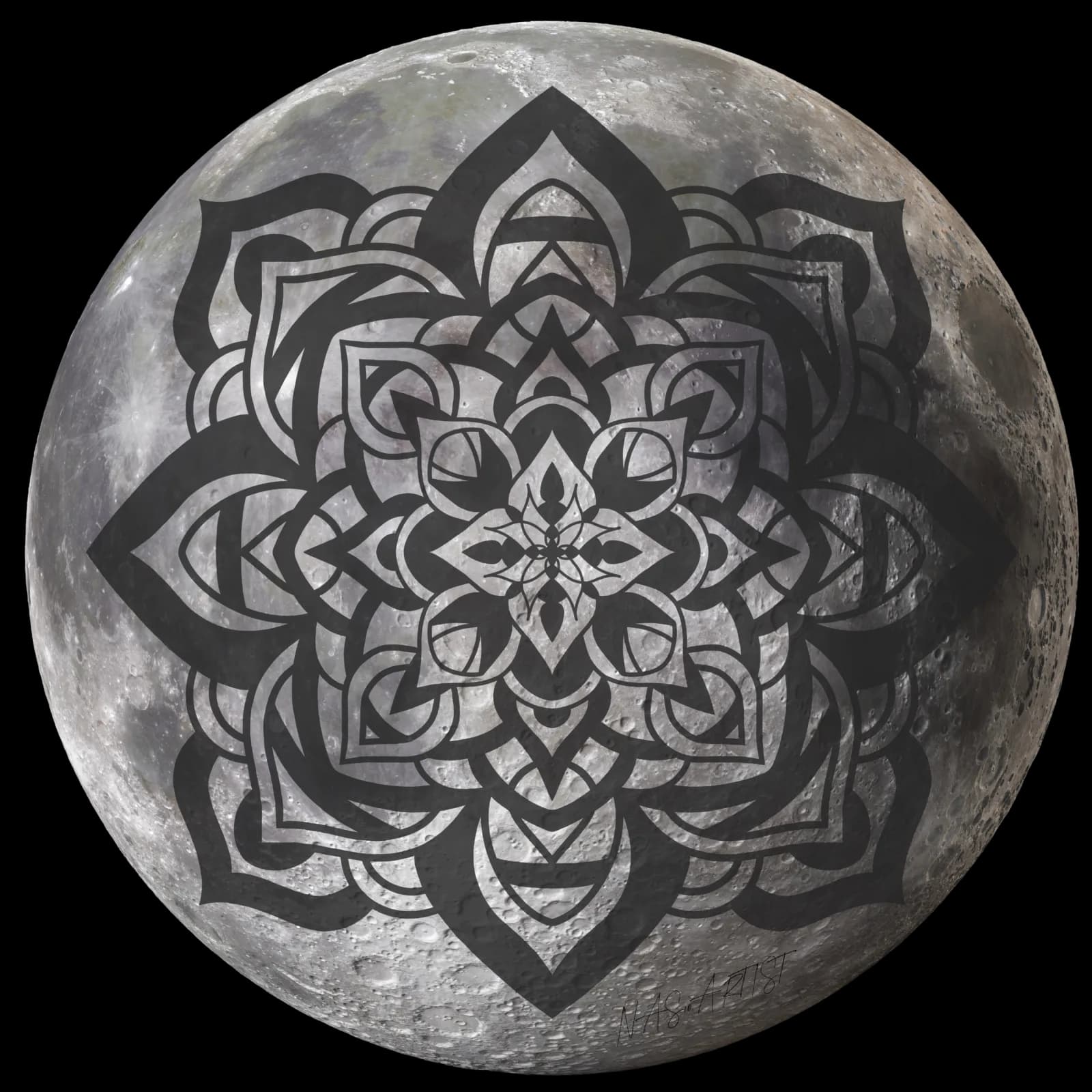A geometric mandala pattern in black and white overlaid on a full moon photograph.