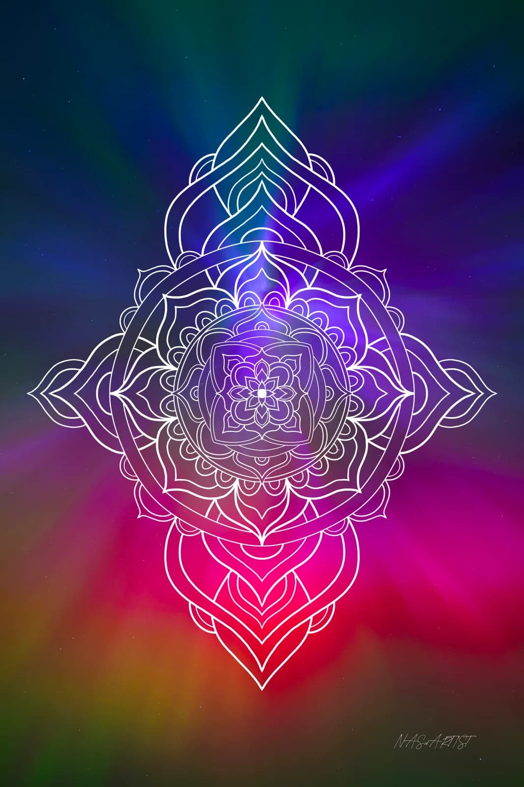 A geometric mandala with neon outline glows against a vibrant gradient background.