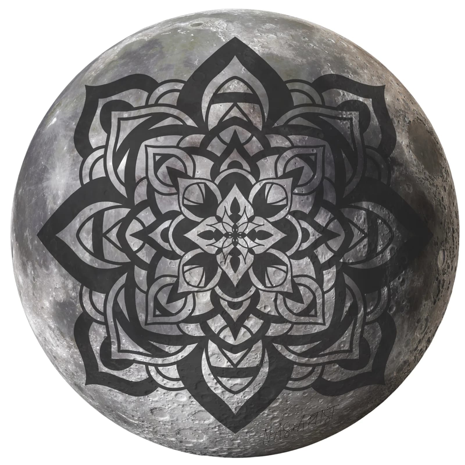 Intricate mandala design painted in black and white on a textured stone sphere.