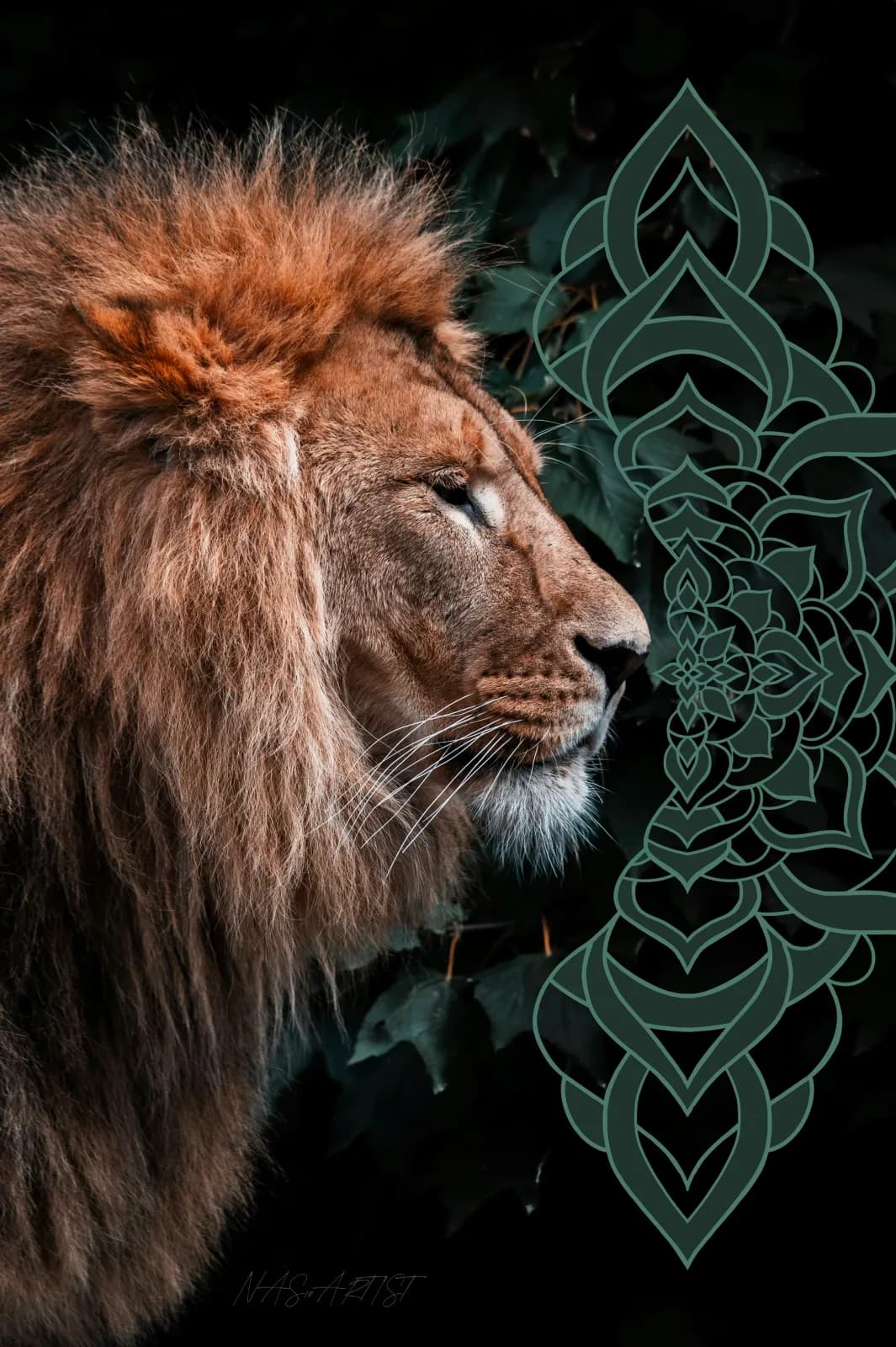 A photorealistic lion profile in warm tones paired with an intricate green mandala pattern on black.