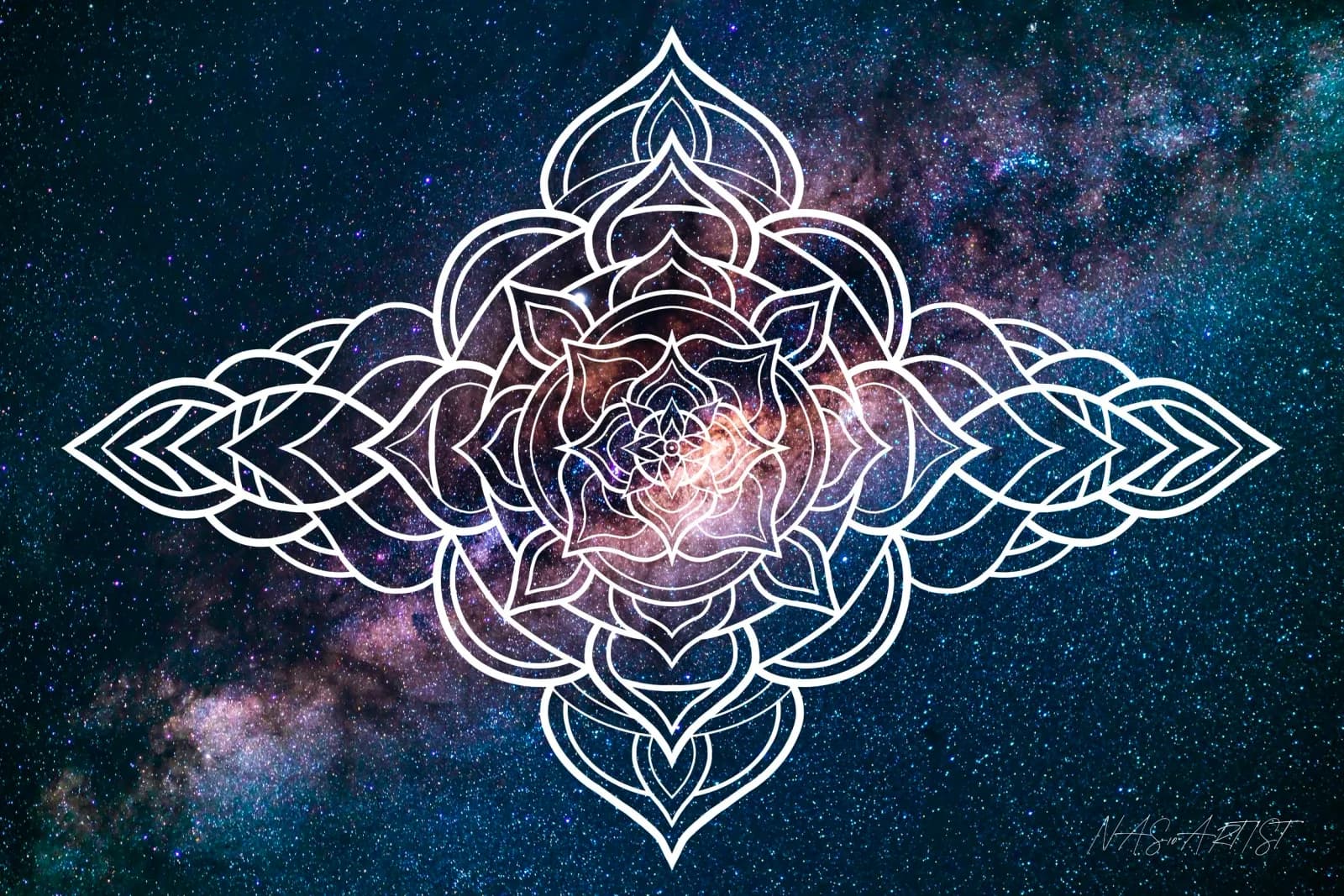 A luminous mandala with interlocking geometric patterns overlaid on a starry cosmos background.