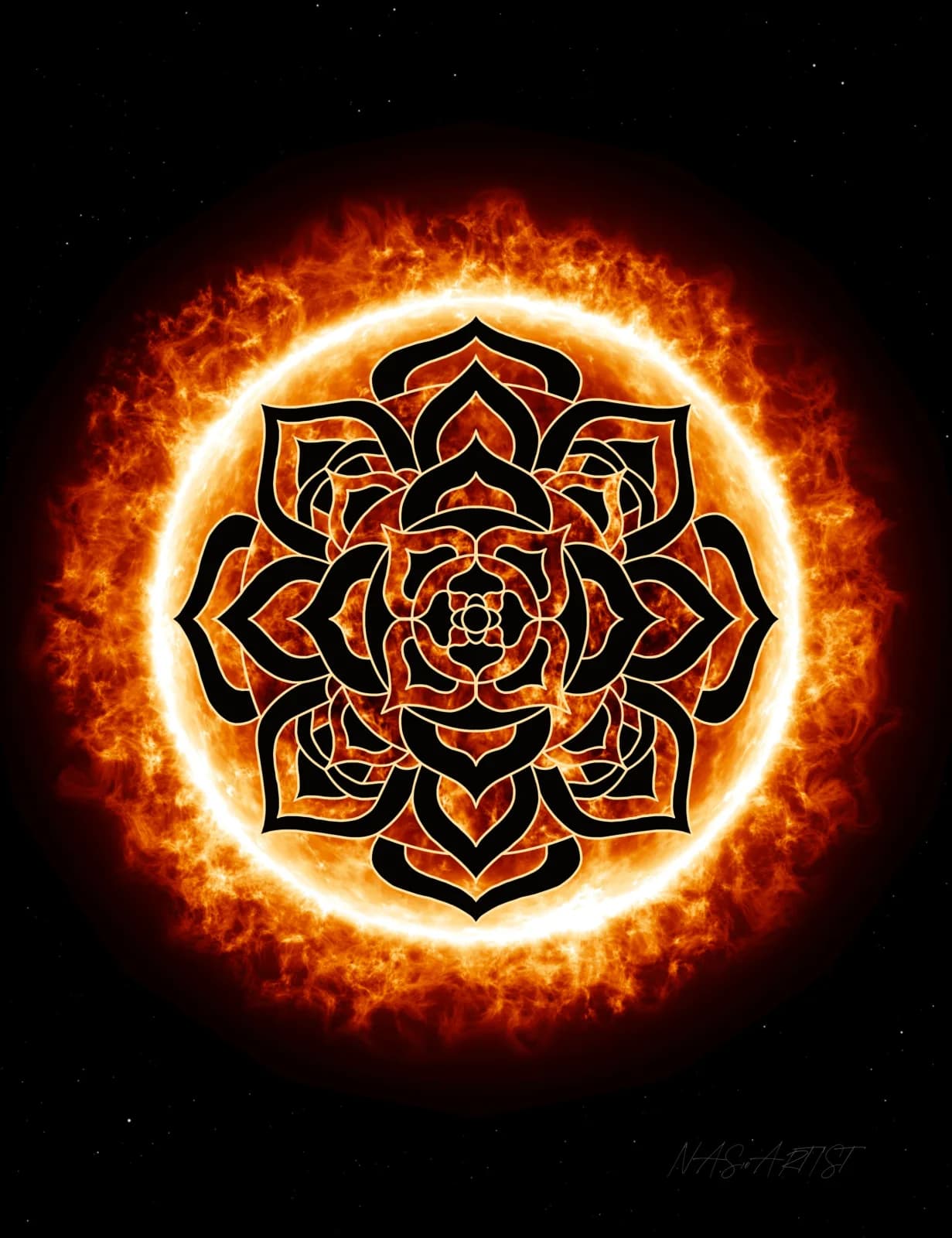 Digital mandala with symmetrical geometric pattern surrounded by luminous fire effect against black background.