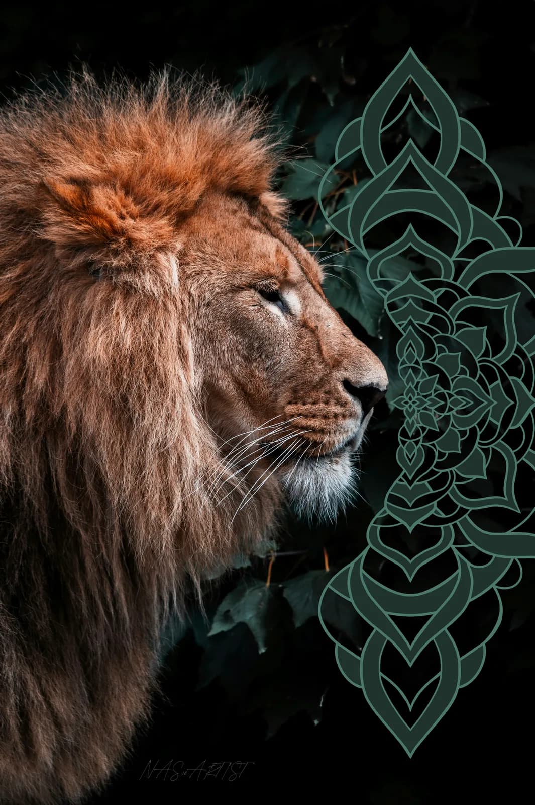 Lion in profile beside an intricate green mandala pattern on black background.