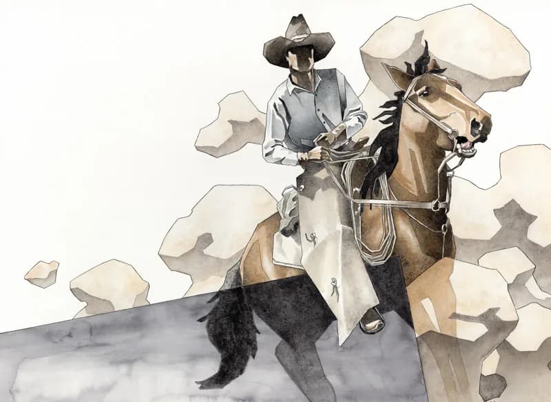 A cowboy on horseback gallops through a dust cloud in this watercolor illustration.