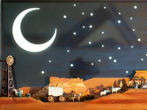An oil painting of a nighttime Western ranch with crescent moon, stars, windmill, and livestock.