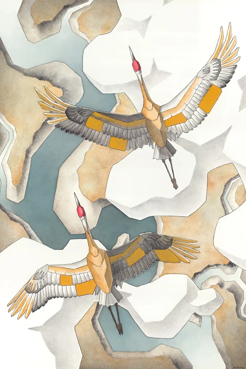 Two stylized cranes in flight over abstract landscape forms rendered in watercolor with gold and tussock tones.