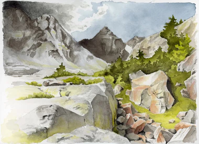 Watercolor landscape of a high mountain valley with tilted sandstone formations, lush green meadow, and evergreen trees.