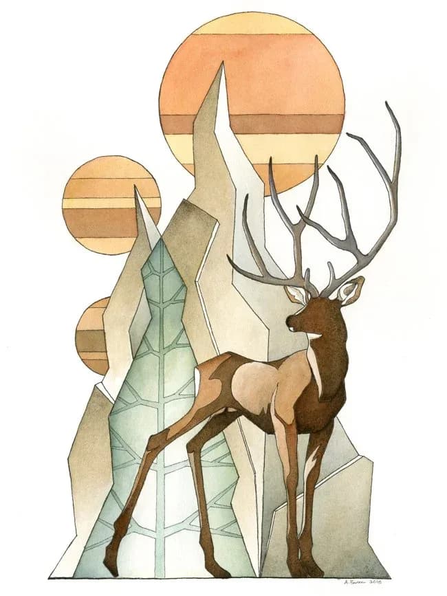 A stylized elk with branching antlers stands before abstracted geometric mountains and sunsets in ink and watercolor.