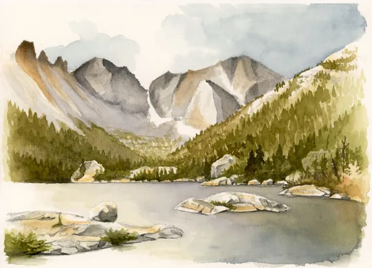 Alpine landscape with coniferous forest, mountain lake, and tilted sandstone peaks in watercolor.