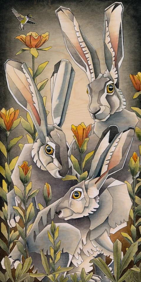 Three surreal hare-headed creatures in pale oyster and driftwood tones amid yellow flowers and a small bird.