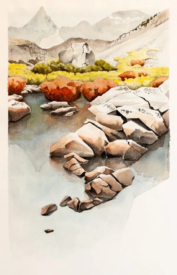 Alpine landscape with wildflowers, stream rocks, and distant peaks in watercolor, depicting the Boulder Flatirons backcountry.