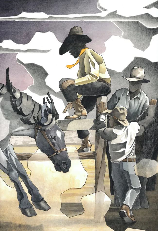 A watercolor painting depicting cowboys and a bucking horse set against a dramatic sky.