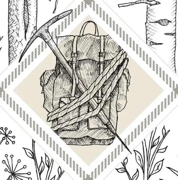 Ink drawing of a hiking backpack surrounded by botanical elements and nature sketches.