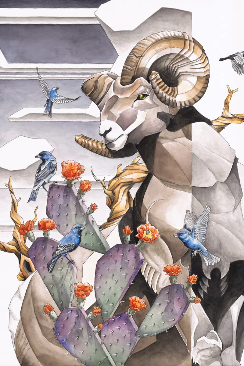 A stylized ram with massive spiral horns stands amid blooming prickly pear cacti, attended by blue jay-like birds, in watercolor.