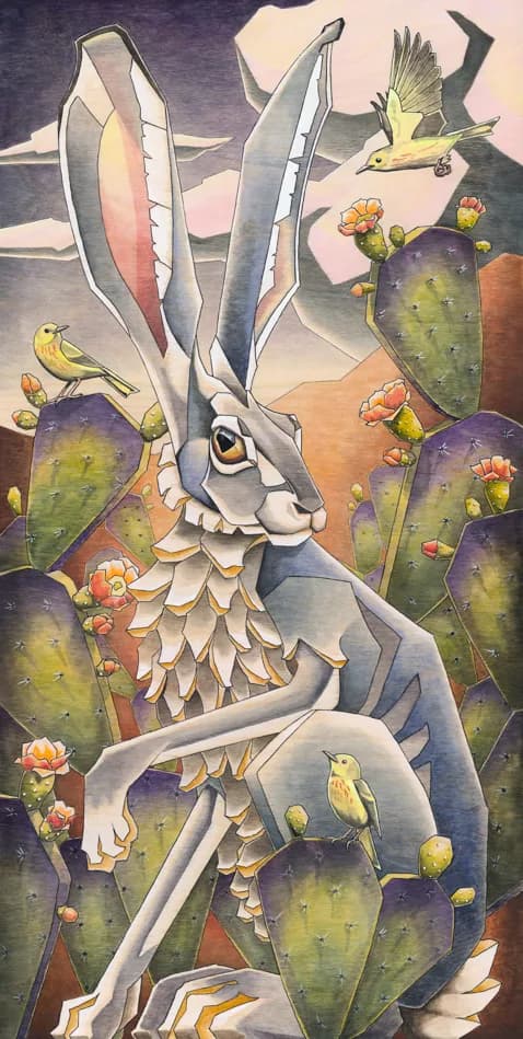 A surreal jackrabbit with elongated ears nests among prickly pear cacti and yellow birds in watercolor.