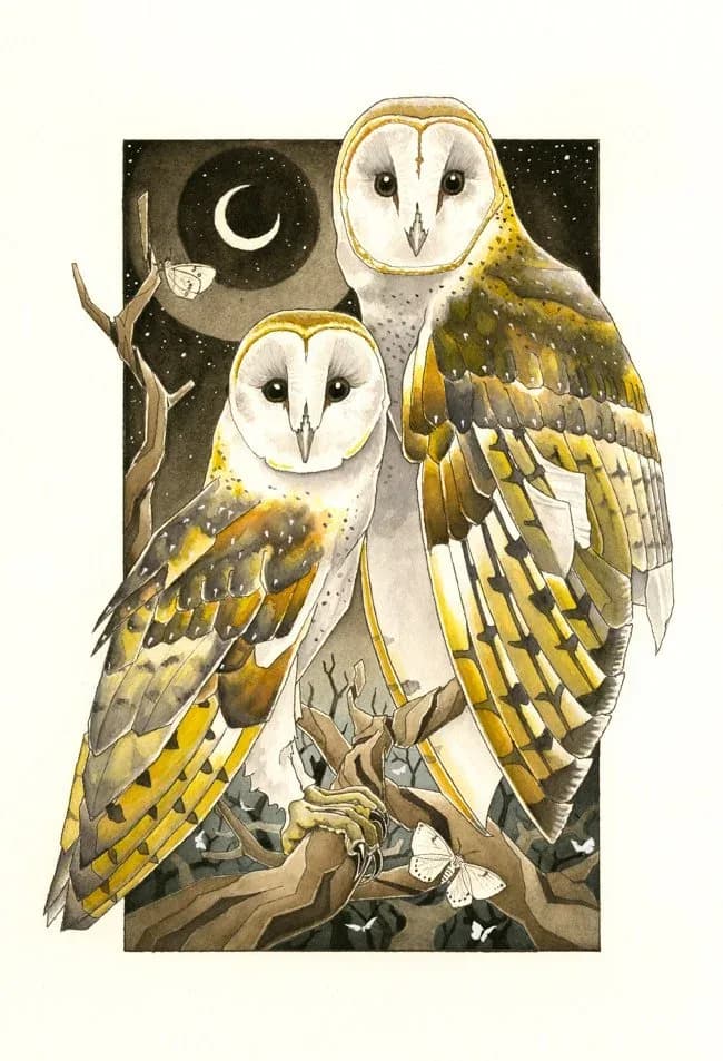 Two barn owls perched on a gnarled branch beneath a crescent moon, rendered in watercolor with gold and ochre wing details.