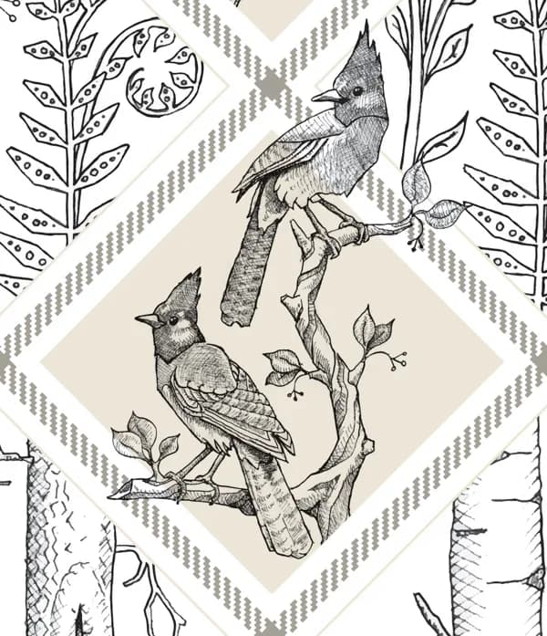 Two cardinals perch on branches amid stylized botanical patterns in pen-and-ink linework.
