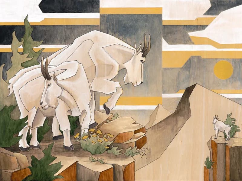 Mountain goats browse a rocky landscape in watercolor with geometric gold and gray compositional elements.