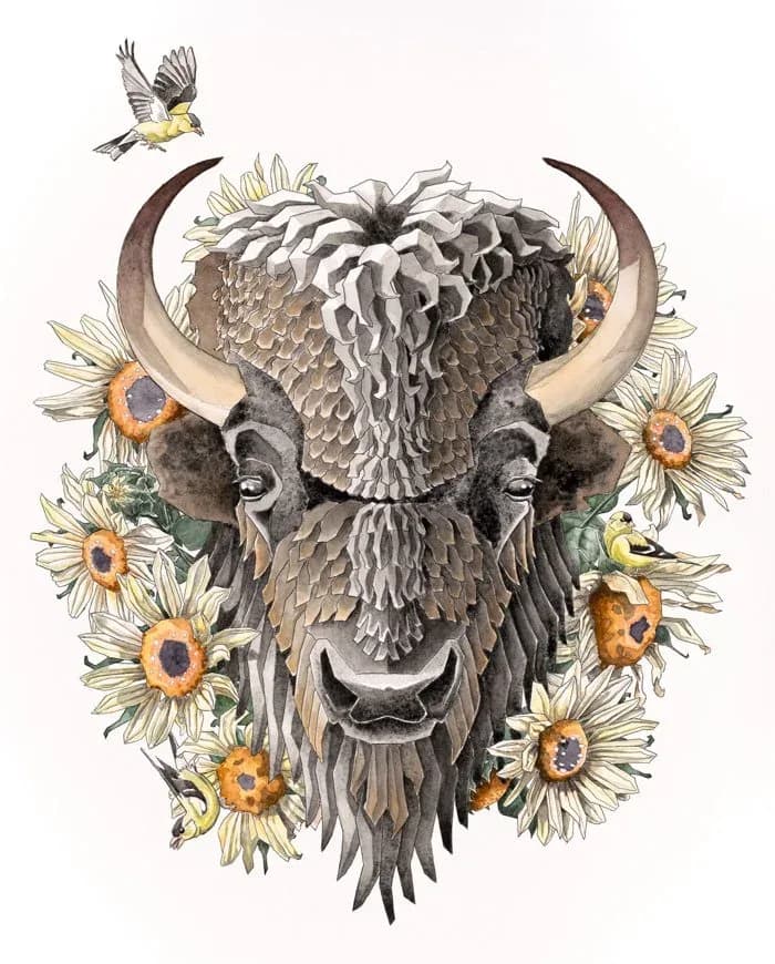 A painted bull head with curved horns surrounded by sunflowers and small birds.