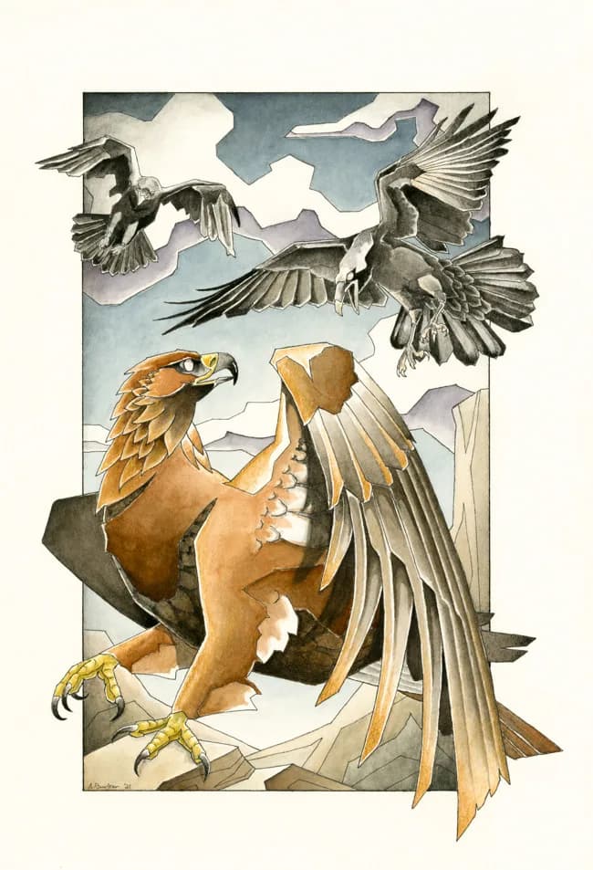 A fantasy griffin with eagle's head and golden talons spreads massive wings against a soft sky.