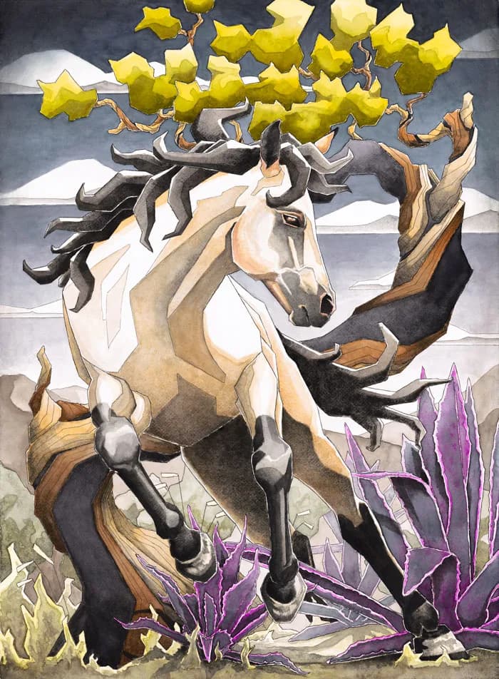 A mythological horse with dark, writhing mane bears golden blossoms and purple crystalline formations in a surreal landscape.