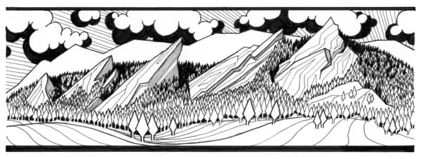 Black ink illustration of the Boulder Flatirons landscape with stylized linework and dramatic clouds.