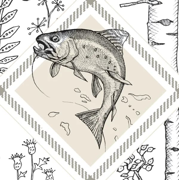 Detailed pen-and-ink drawing of a trout surrounded by botanical and aquatic motifs in grayscale tones.