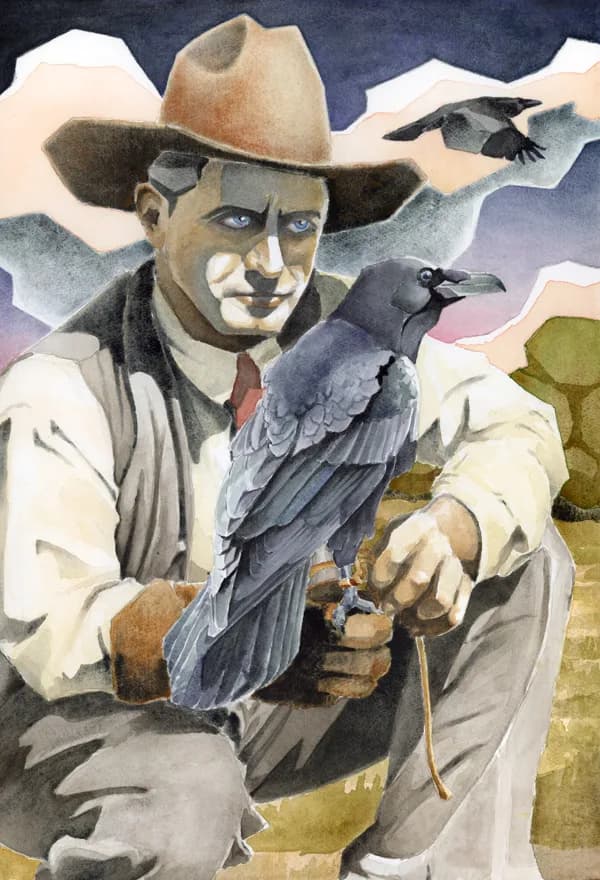 A weathered cowboy holds a raven perched on his gloved hand in watercolor.