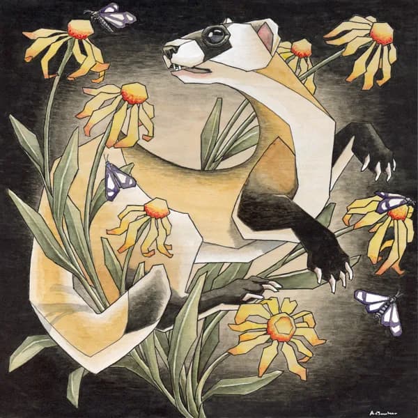 A stylized cow's head emerges from yellow coneflowers and sage-green foliage, surrounded by purple butterflies.