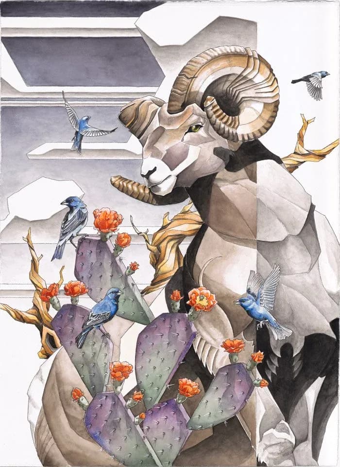 An anthropomorphic ram with curled horns tends blooming prickly pear cacti, attended by blue jays in a surreal composition.