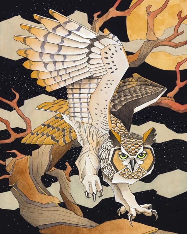 An owl with spread wings perches on stylized branches in ink and watercolor against a starry night sky.