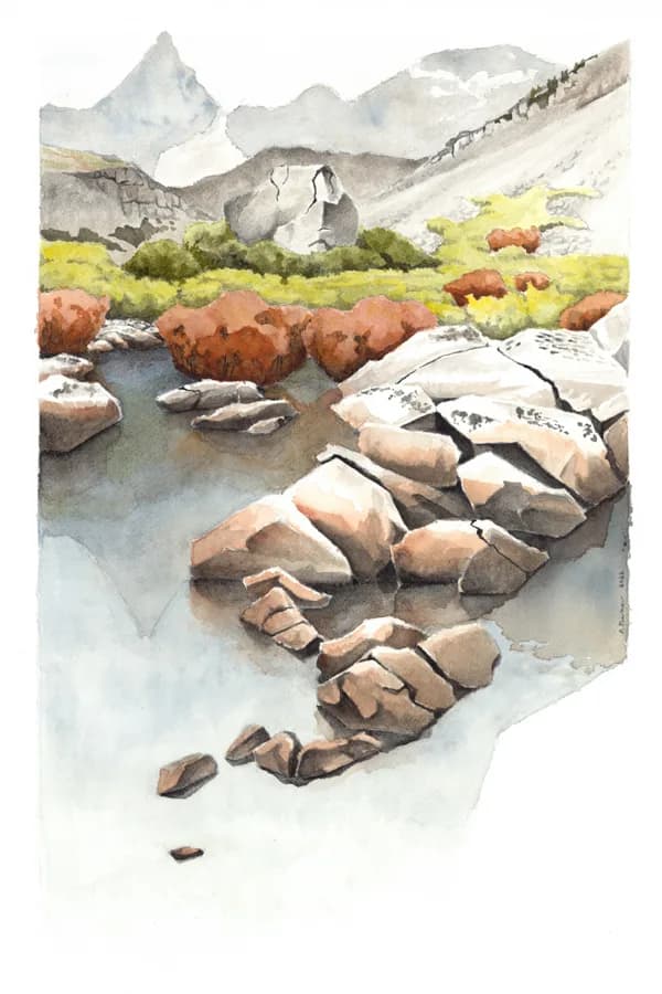 A watercolor landscape depicting a mountain stream with large boulders, distant peaks, and wildflower meadow in warm and cool tones.