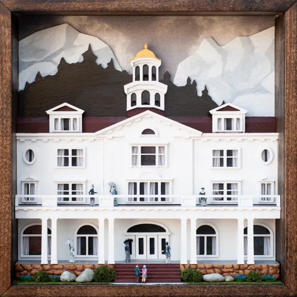 Historic Boulder building with golden dome set against the Flatirons, rendered in acrylic with seashell and taupe tones.