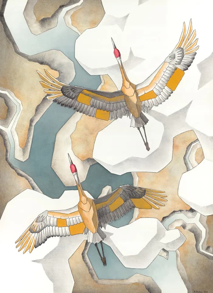 Two cranes in flight over stylized water and landscape rendered in watercolor and ink.