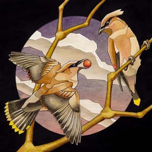 Two birds perch on golden twigs with mountainous landscape in watercolor, rendered in warm earth tones and cool grays.