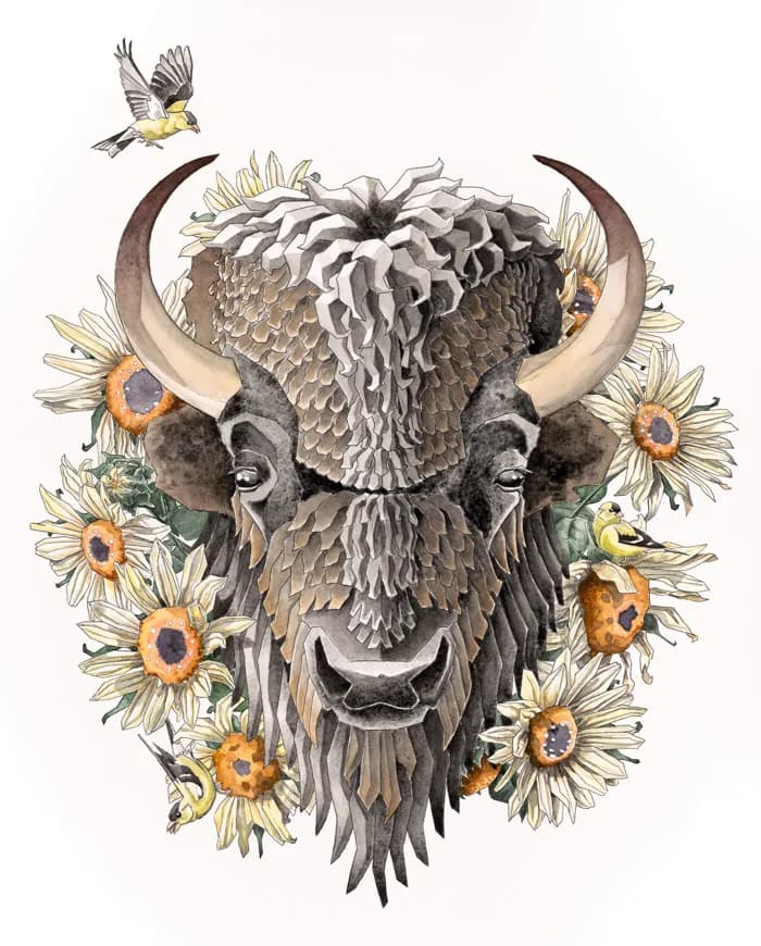 Detailed watercolor portrait of a bison head surrounded by sunflowers and small birds.