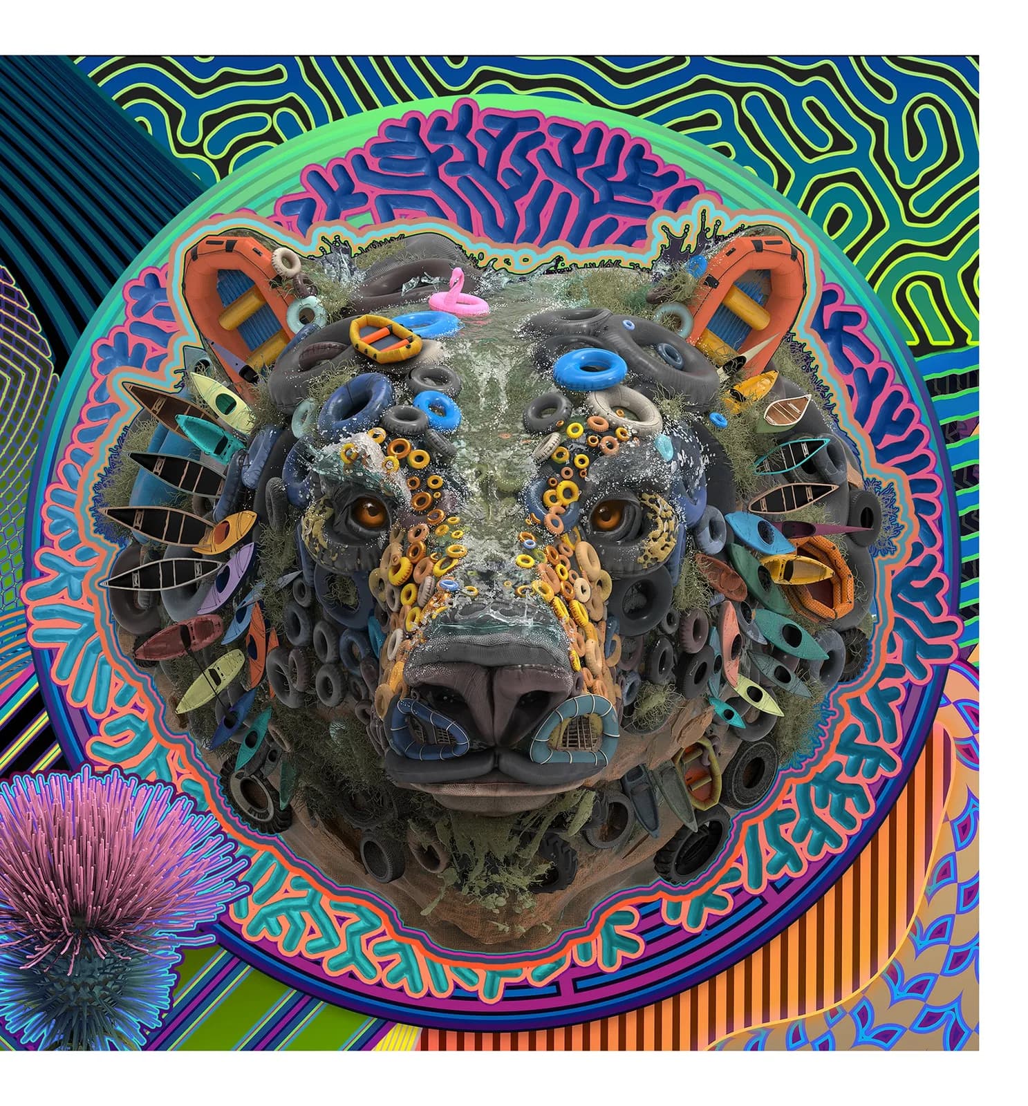 A sculptural ceramic bear head with colorful embedded objects and vibrant patterned backing.