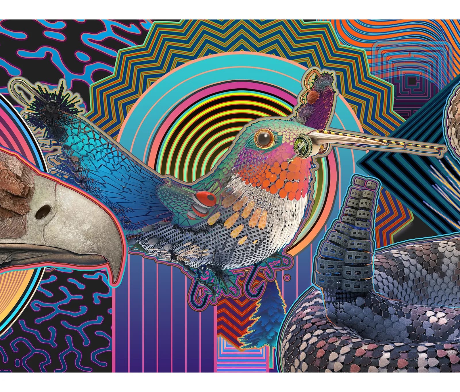 Hummingbird and reptilian creatures rendered in vivid ink with dense geometric and psychedelic patterning throughout.