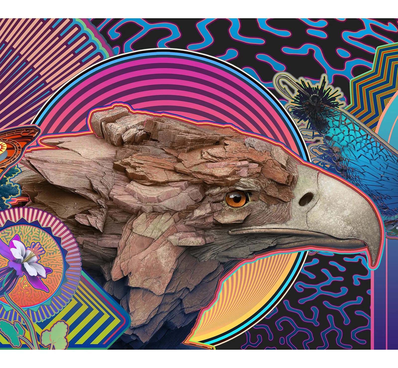Carved wooden eagle head set against vibrant neon-colored geometric and floral background patterns.