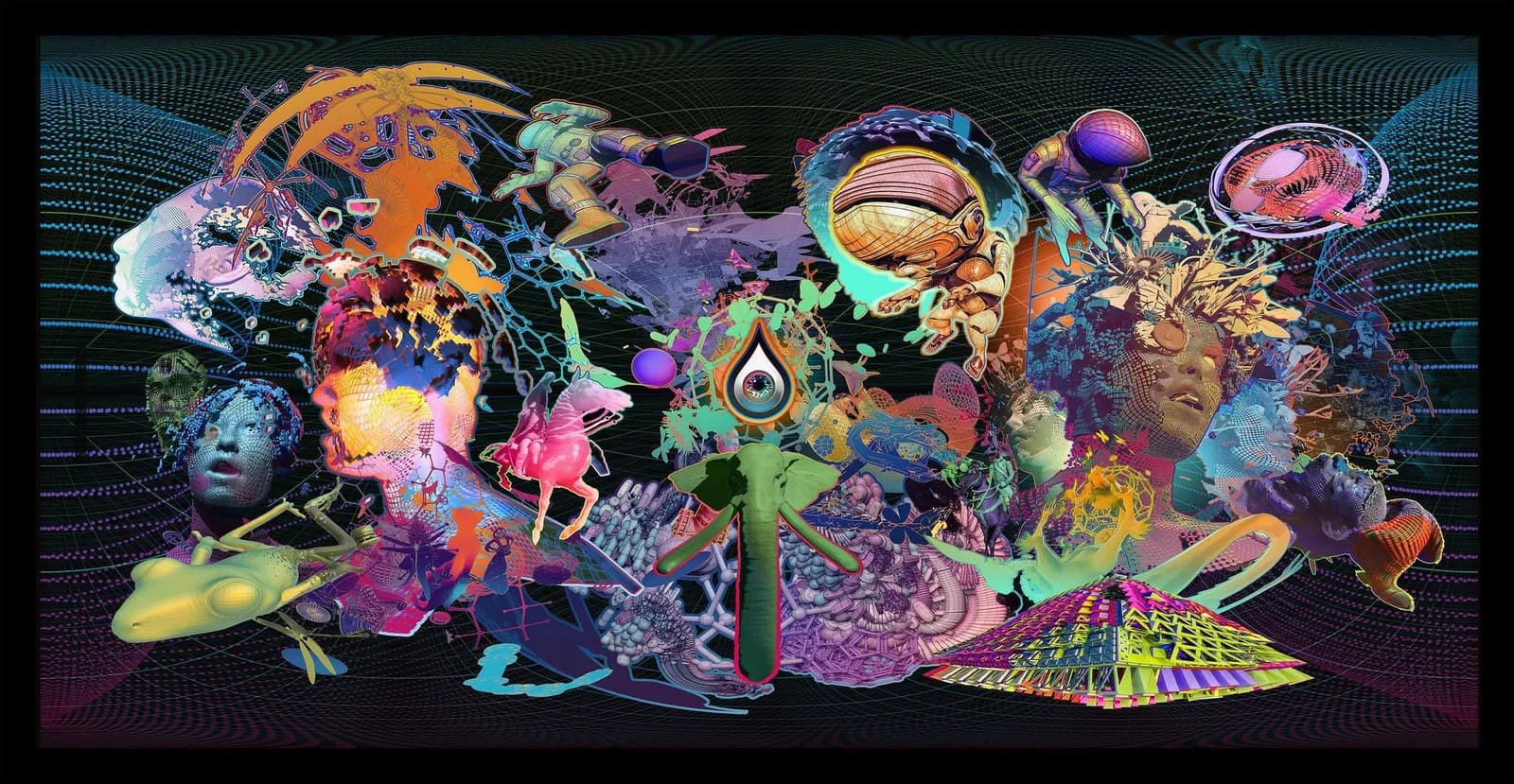Abstract digital composition layering vibrant neon forms, organic shapes, and surreal imagery against a dark gridded background.