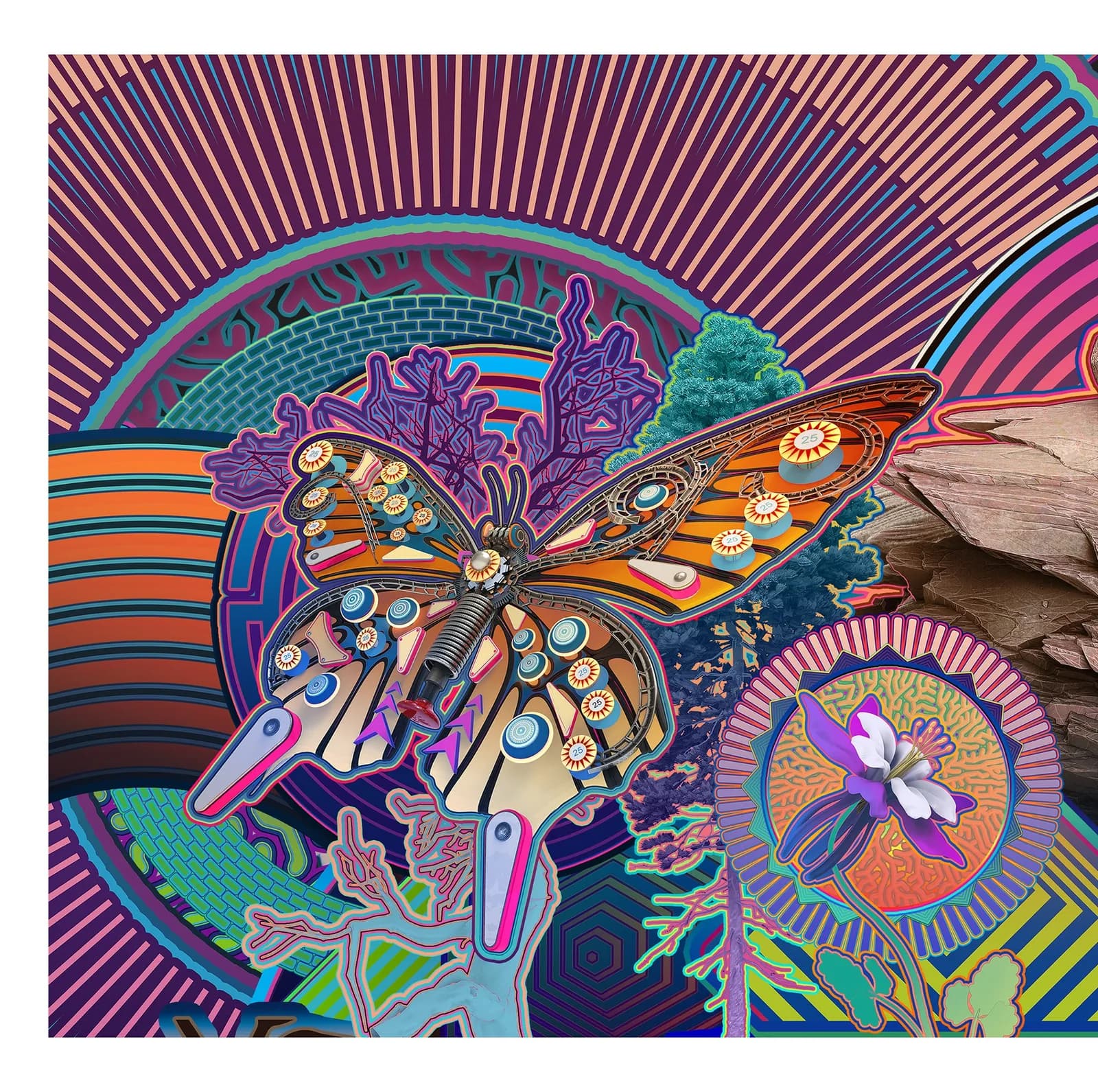 A stylized butterfly set within radiating geometric patterns and vibrant psychedelic forms, rendered in acrylic with saturated blues, pinks, oranges, and teals.