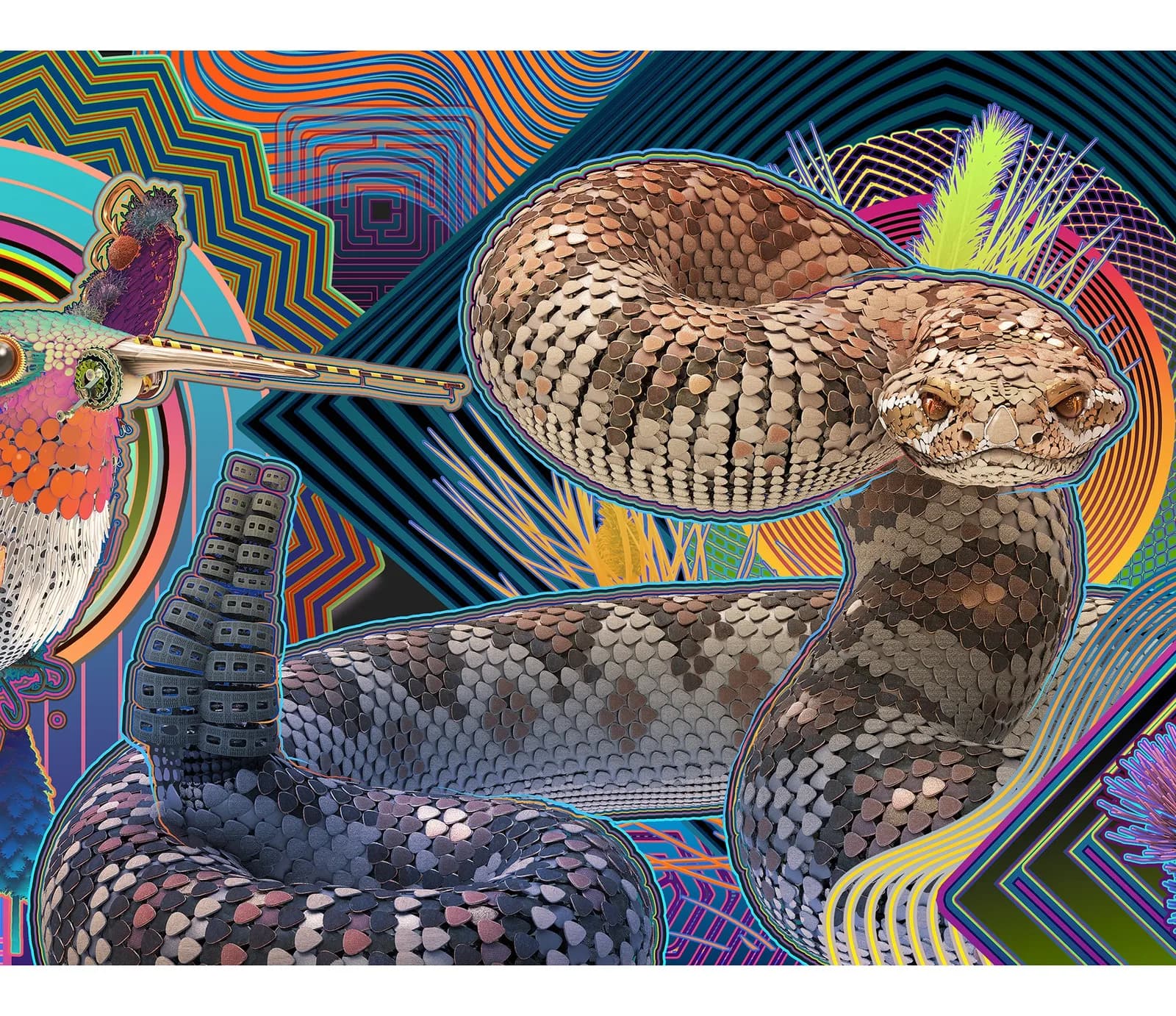 Intricately detailed snakes rendered in ink against a vibrant, layered psychedelic background.