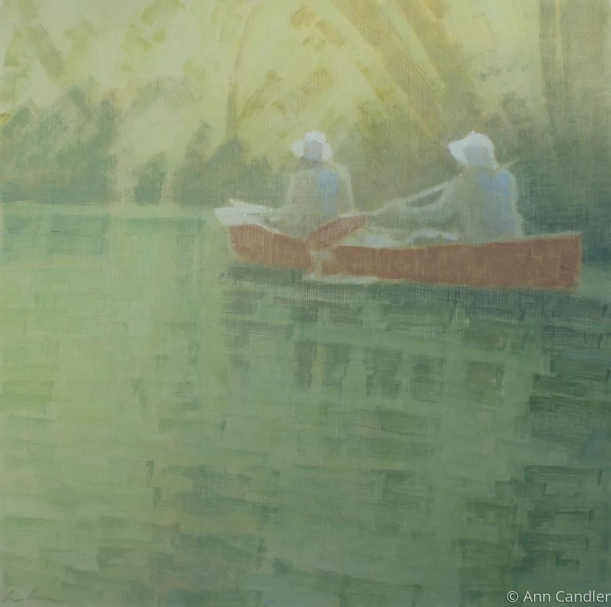 Two figures paddle a canoe on still water beneath a forested shoreline in soft, misty light.